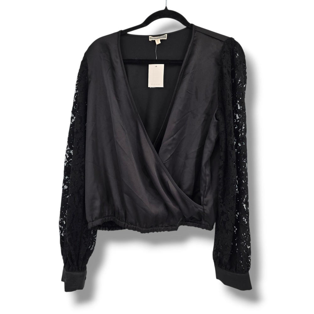 New Pleione Womens Black Satin Surplice Lace Sleeve Wrap Blouse Top Size Large